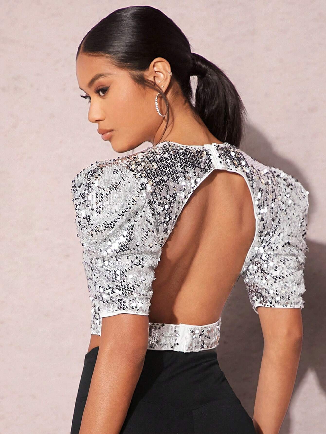 Clara | Top corto con maniche a palloncino e paillettes