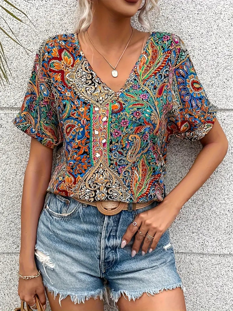 Harper - Blusa vintage con scollo a V e maniche corte