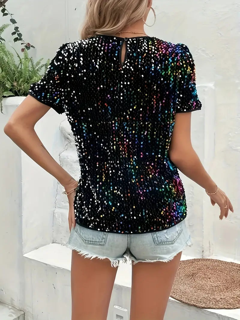 T-shirt con decorazione in paillettes e scollo rotondo
