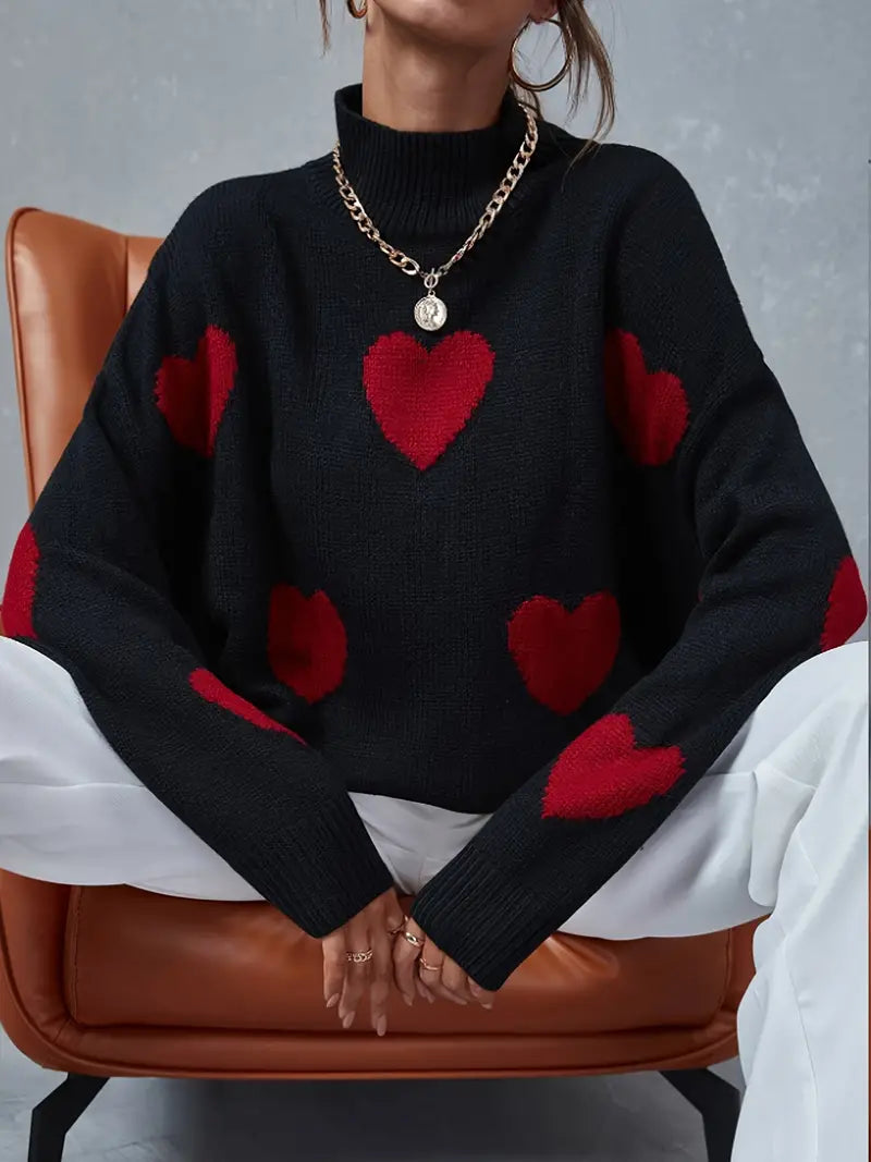 Hers | Maglione a collo alto con motivo a cuore per donne – Casual & Stiloso