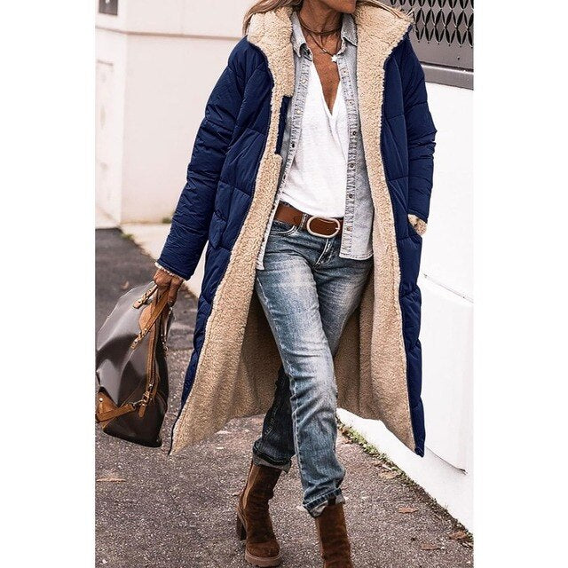 Camila | Cappotto lungo in sherpa reversibile con cappuccio