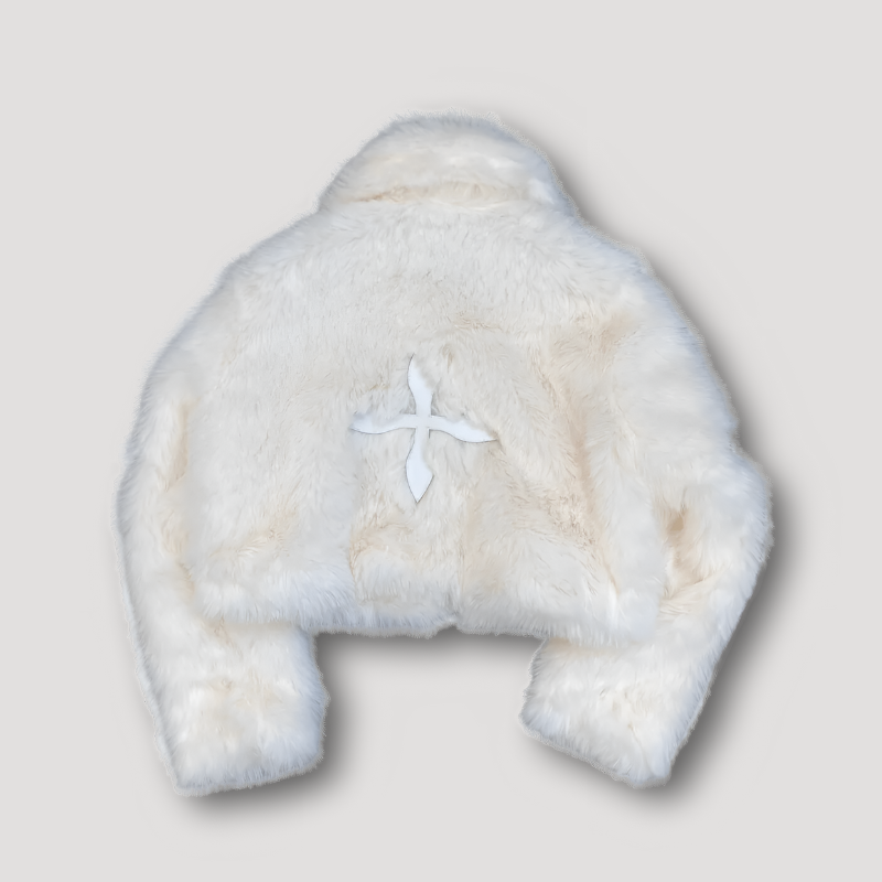 Kory | Giacca cropped in peluche sintetico morbido con patchwork incrociato
