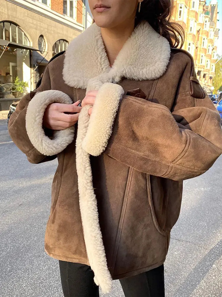 Kyliee | Giacca spessa da donna in lana d'agnello e pelle
