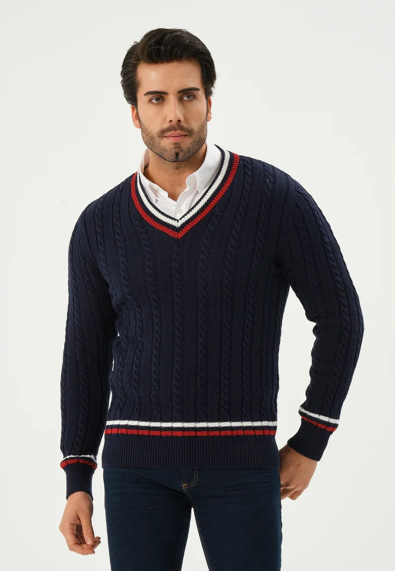 Kace | Maglione a righe bianco con scollatura a V lavorato a maglia