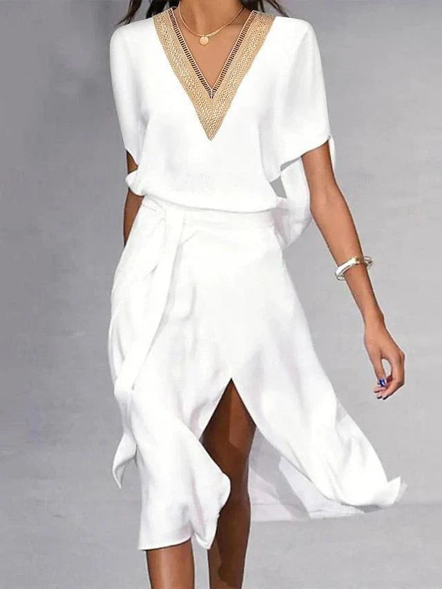 Abito midi da donna | Bianco con scollo a V | Elegante abito estivo per occasioni speciali