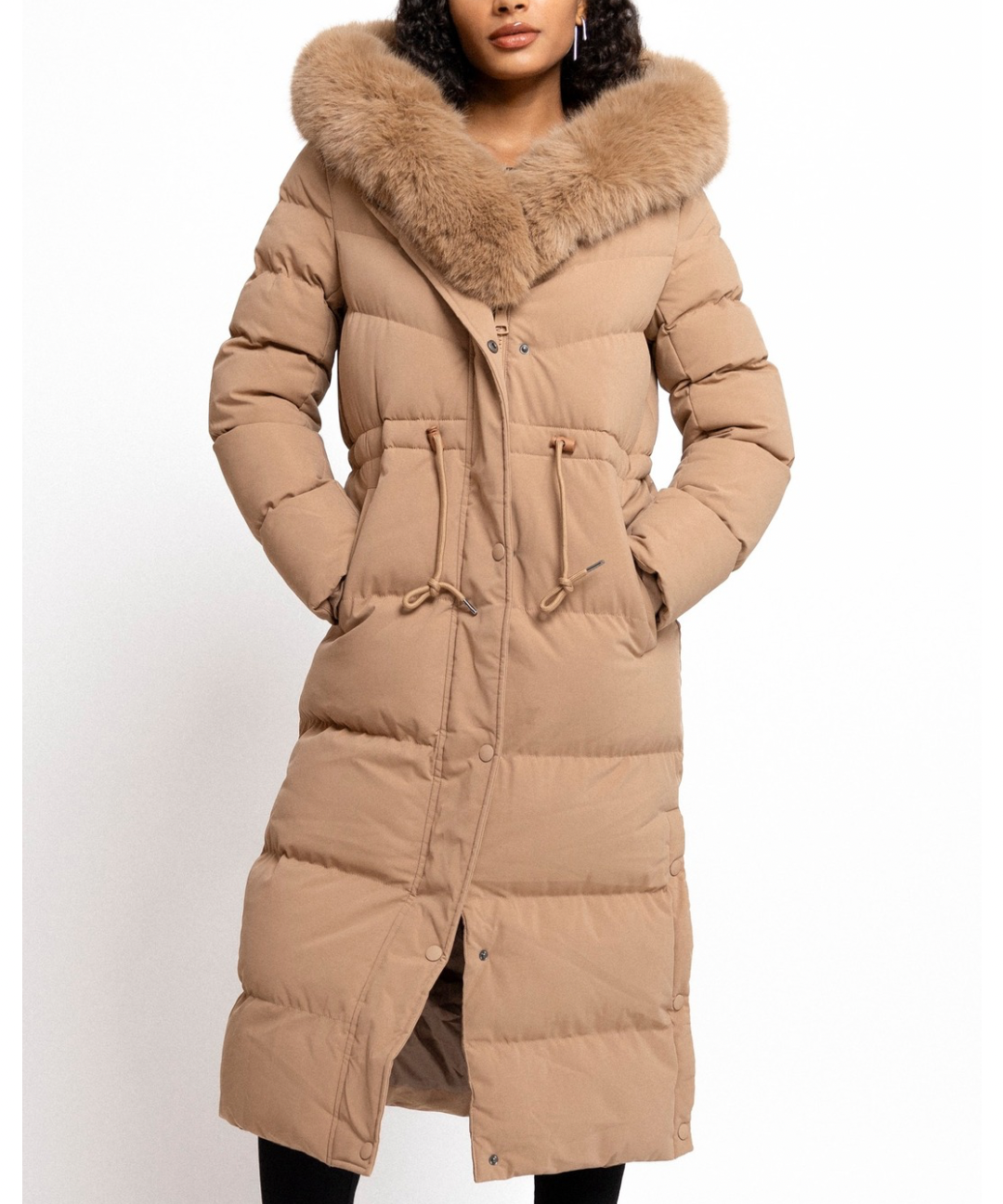 Cappotto invernale per donne | Giacca lunga trapuntata | Foderato caldo | Cappuccio con pelliccia sintetica