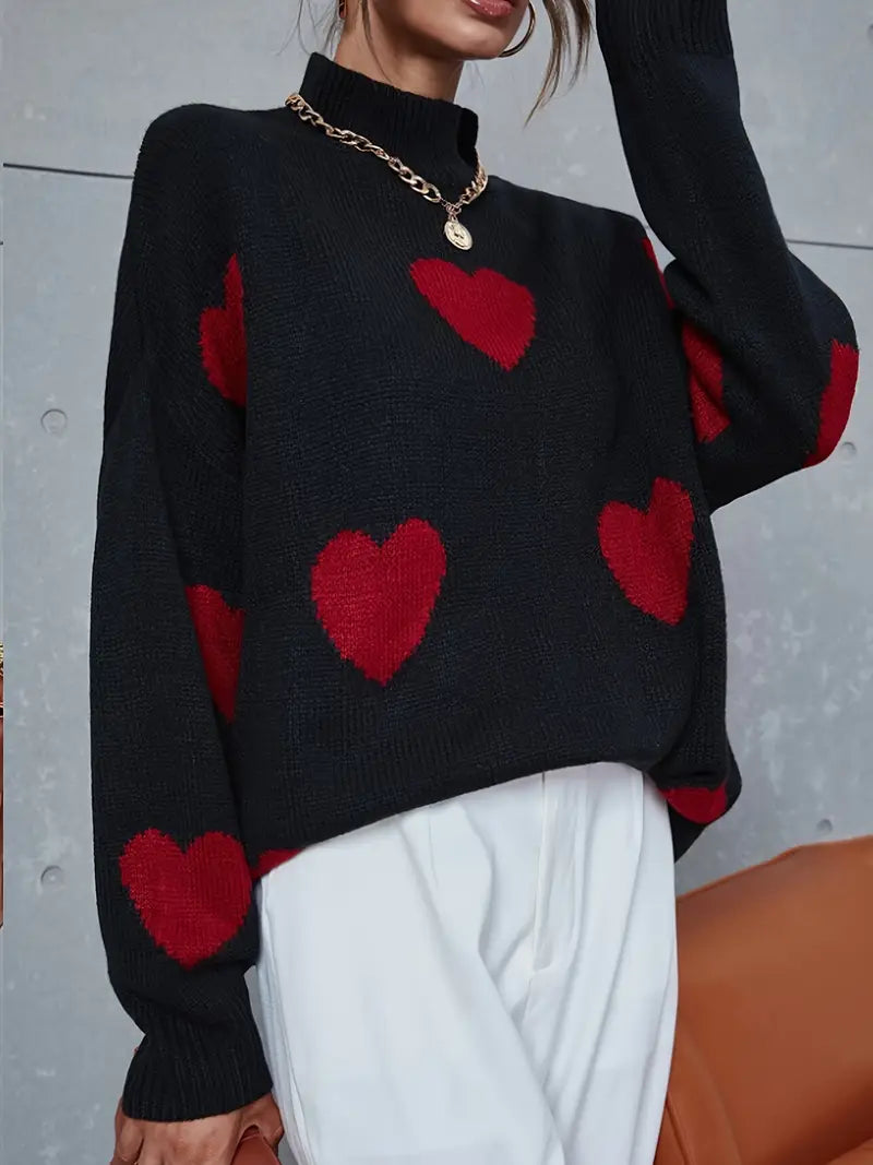 Hers | Maglione a collo alto con motivo a cuore per donne – Casual & Stiloso