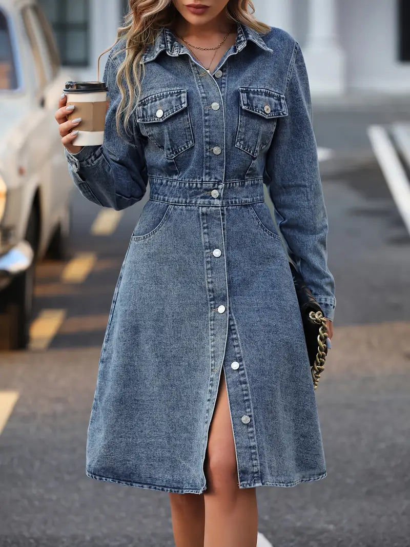 Bo - Abito in denim slim fit a maniche lunghe con bottoni