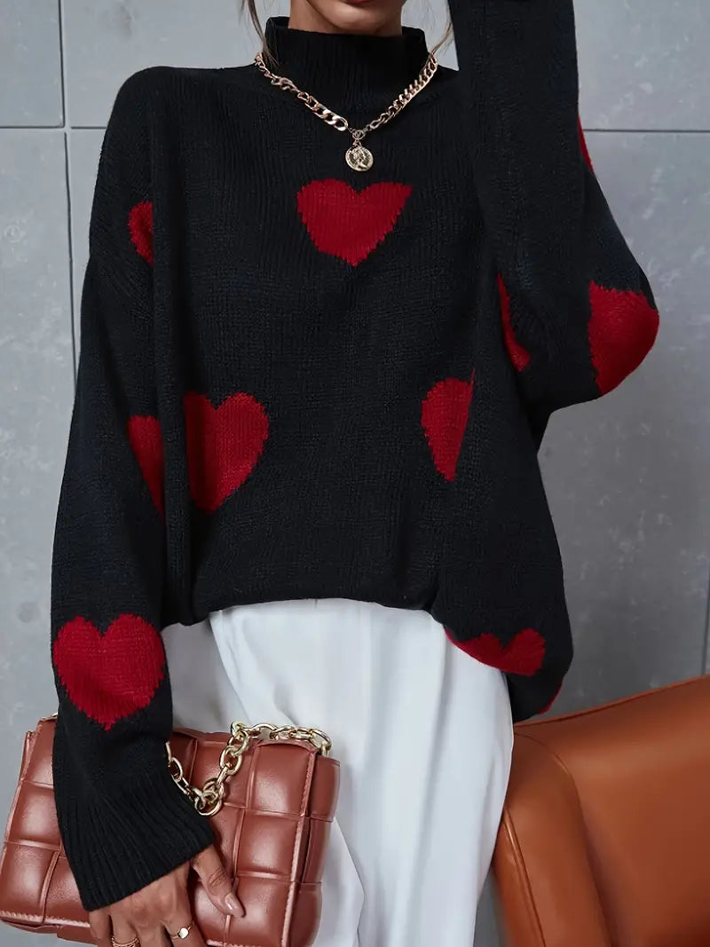 Hers | Maglione a collo alto con motivo a cuore per donne – Casual & Stiloso