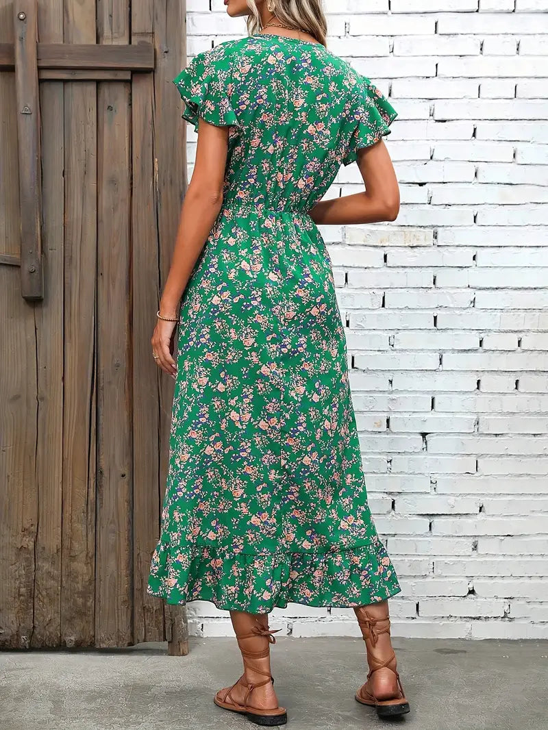 Marie - Abito elegante a V con motivo floreale e maniche a sbuffo