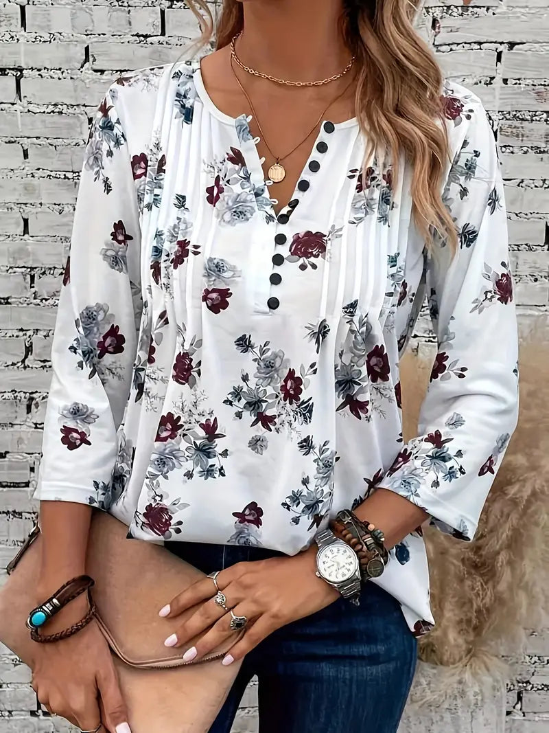Saskia - T-shirt floreale con scollo a V e maniche arricciate