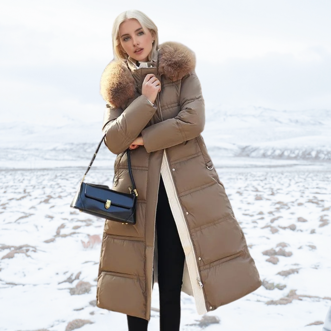 Heral | Elegante cappotto lungo trapuntato con cappuccio in pelliccia sintetica per donne