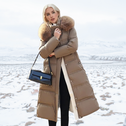 Heral | Elegante cappotto lungo trapuntato con cappuccio in pelliccia sintetica per donne
