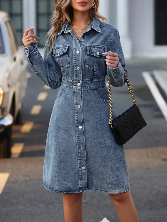 Bo - Abito in denim slim fit a maniche lunghe con bottoni