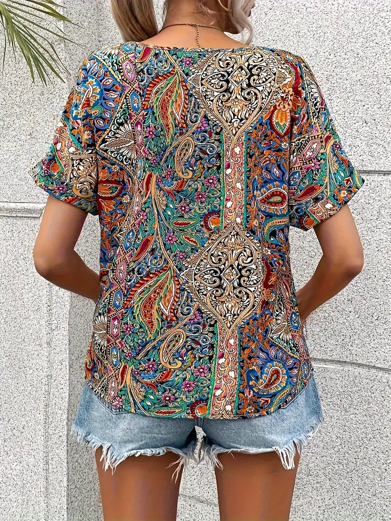 Harper - Blusa vintage con scollo a V e maniche corte