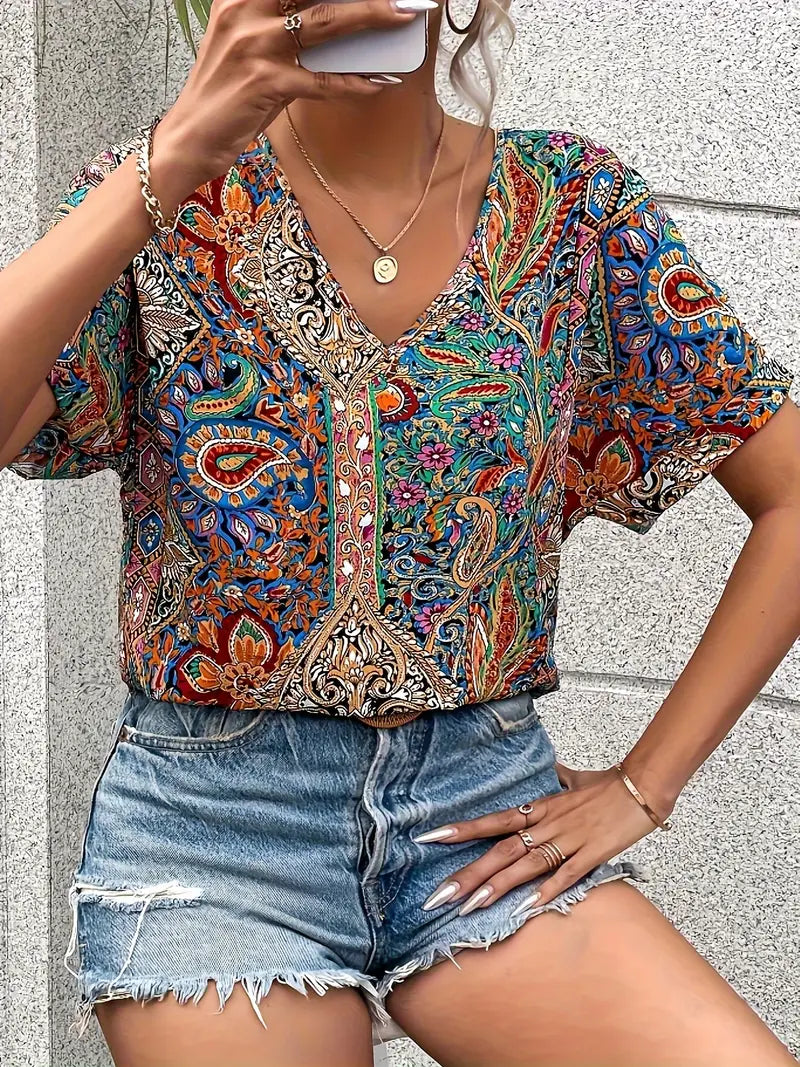 Harper - Blusa vintage con scollo a V e maniche corte