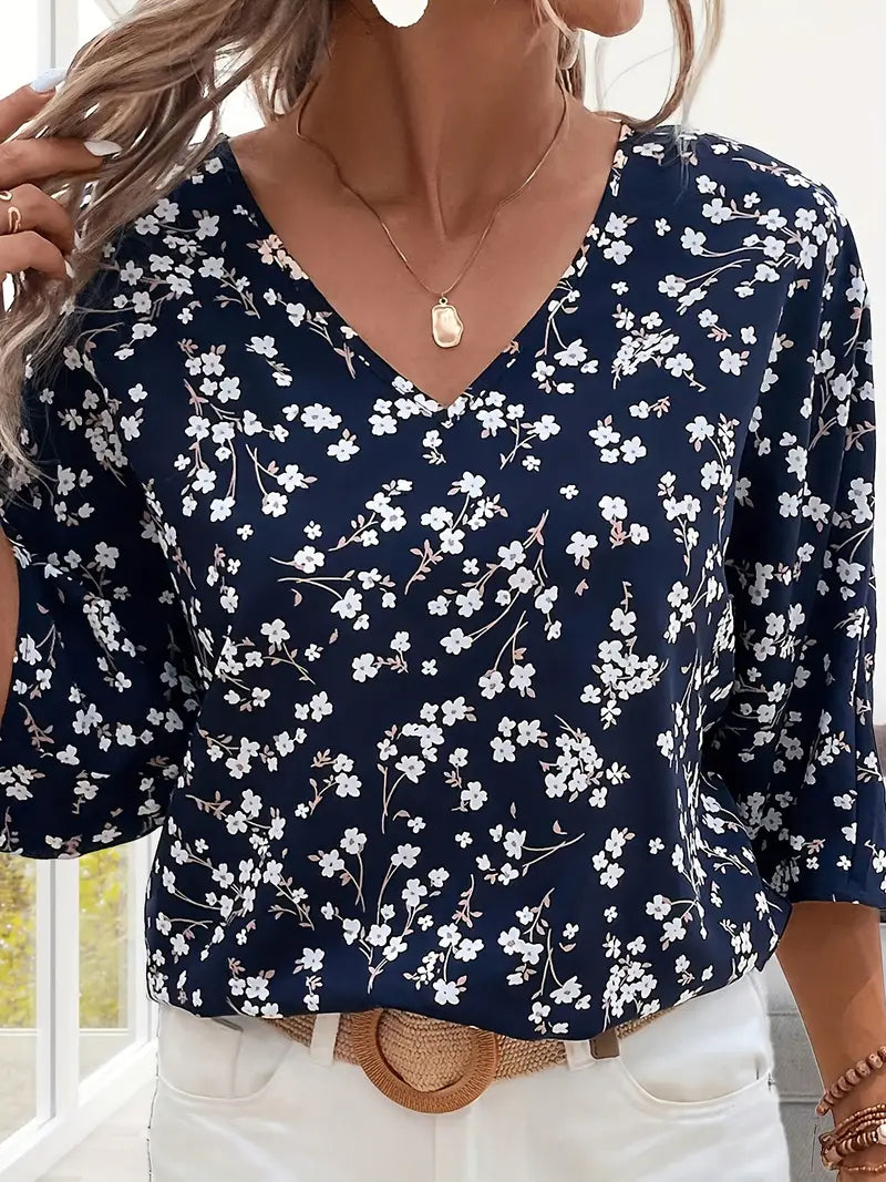 Billa - Blusa vintage con stampa floreale e scollo a V