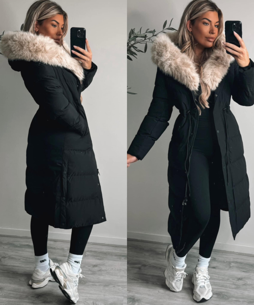 Cappotto invernale per donne | Giacca lunga trapuntata | Foderato caldo | Cappuccio con pelliccia sintetica