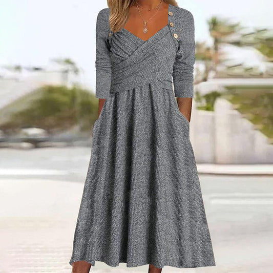 Venala | Abito midi grigio monocolore con tasche laterali