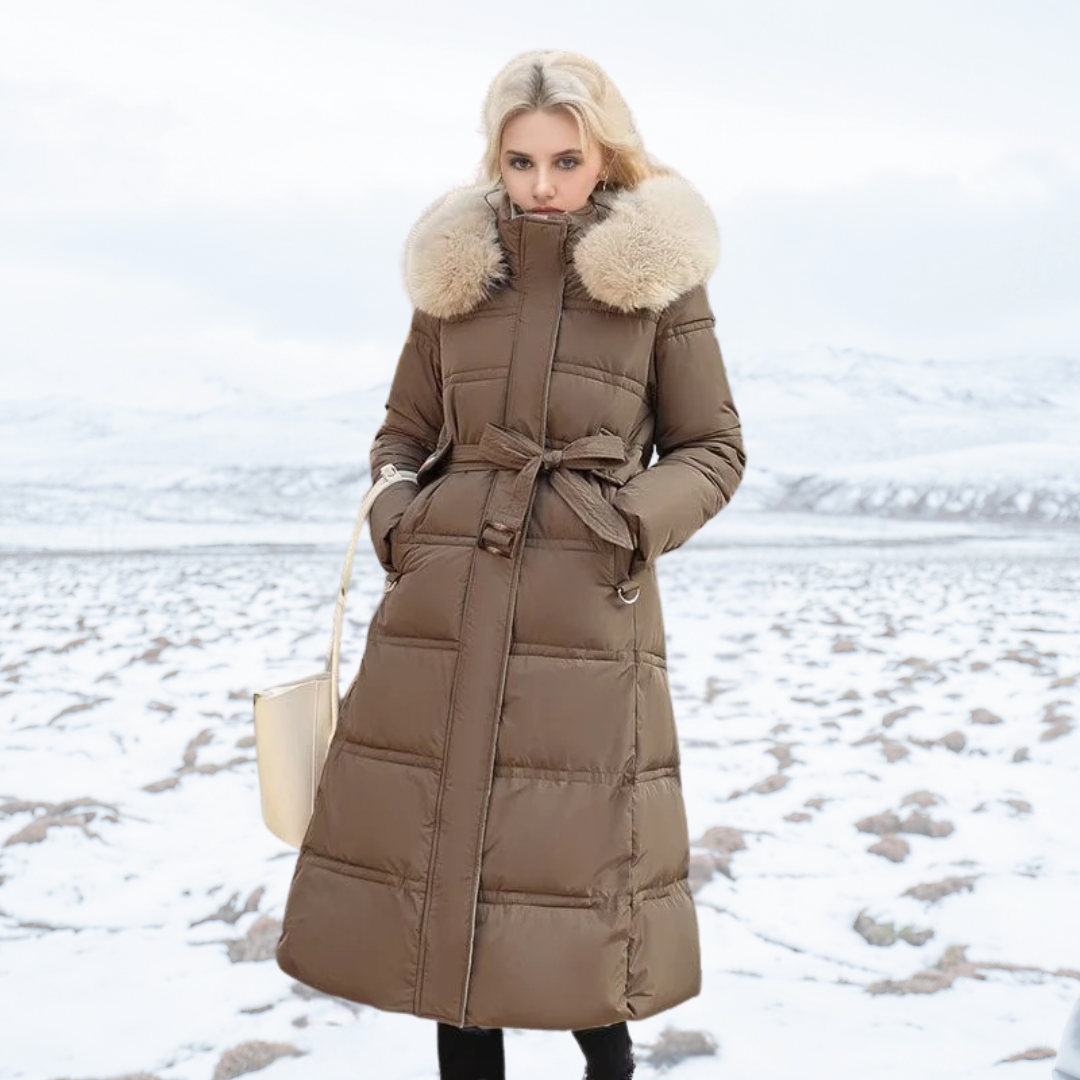 Heral | Elegante cappotto lungo trapuntato con cappuccio in pelliccia sintetica per donne