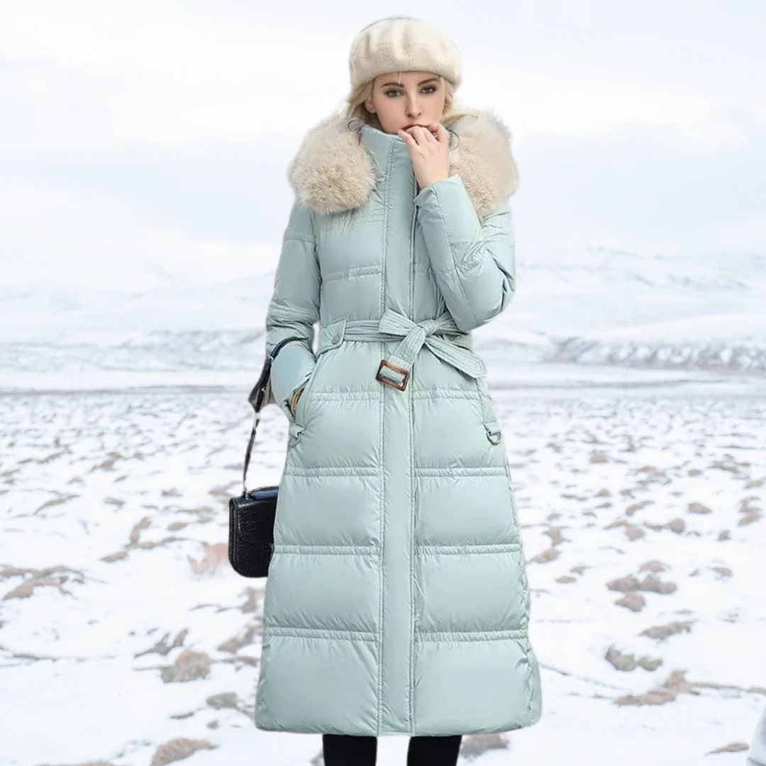 Heral | Elegante cappotto lungo trapuntato con cappuccio in pelliccia sintetica per donne