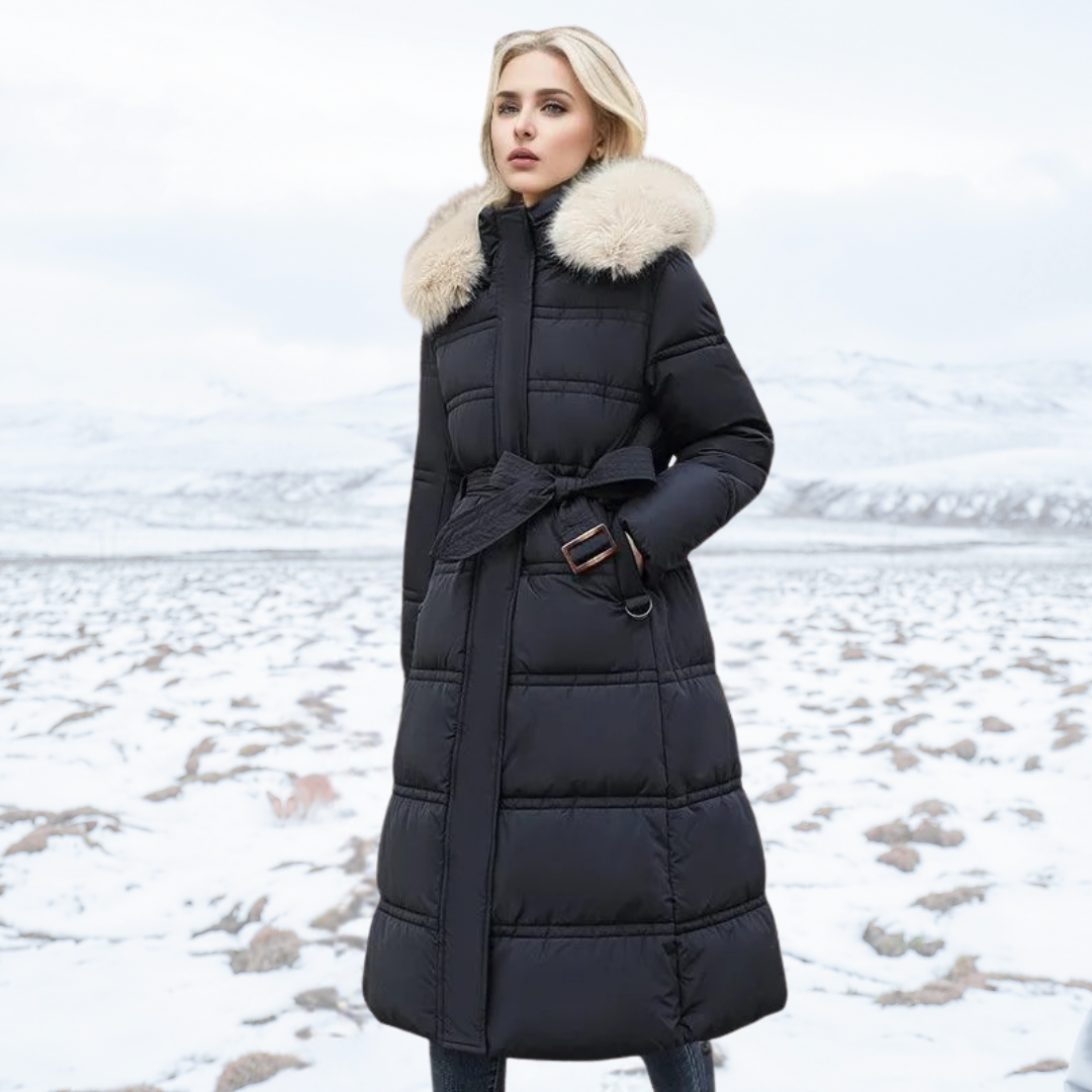 Heral | Elegante cappotto lungo trapuntato con cappuccio in pelliccia sintetica per donne