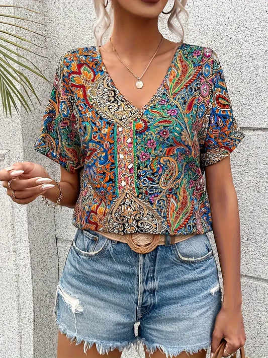 Harper - Blusa vintage con scollo a V e maniche corte