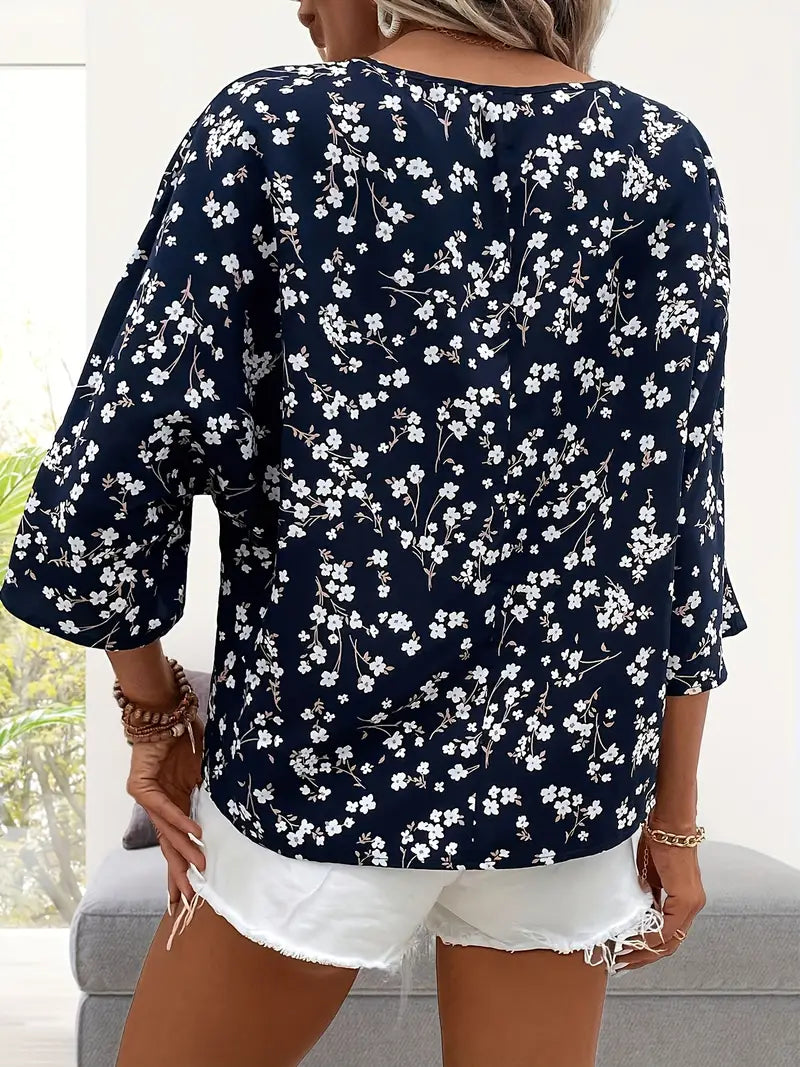 Billa - Blusa vintage con stampa floreale e scollo a V