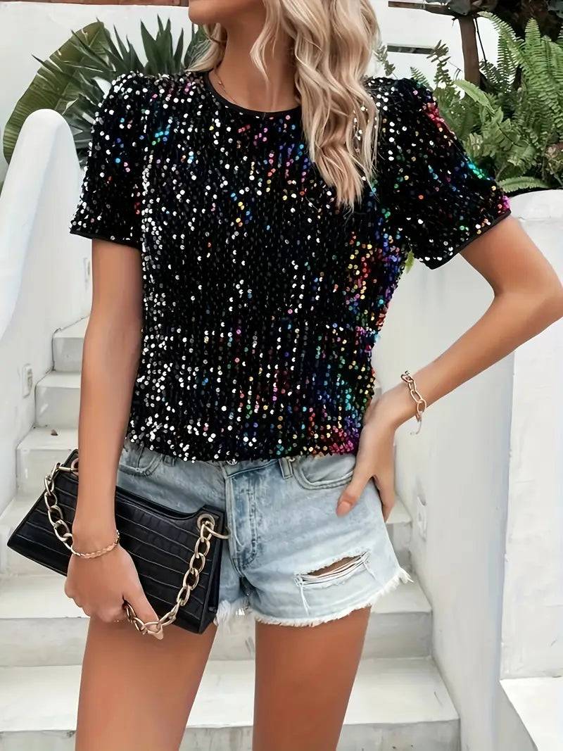 T-shirt con decorazione in paillettes e scollo rotondo