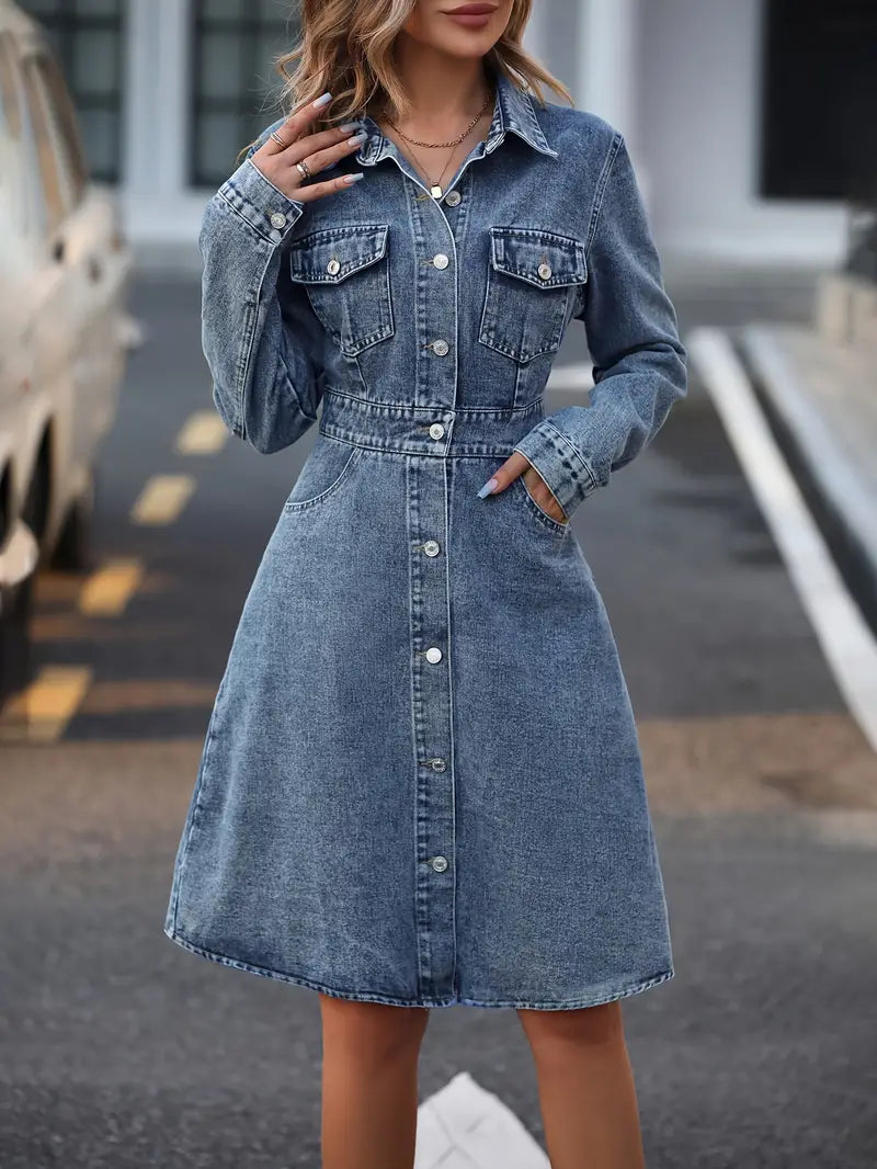 Bo - Abito in denim slim fit a maniche lunghe con bottoni