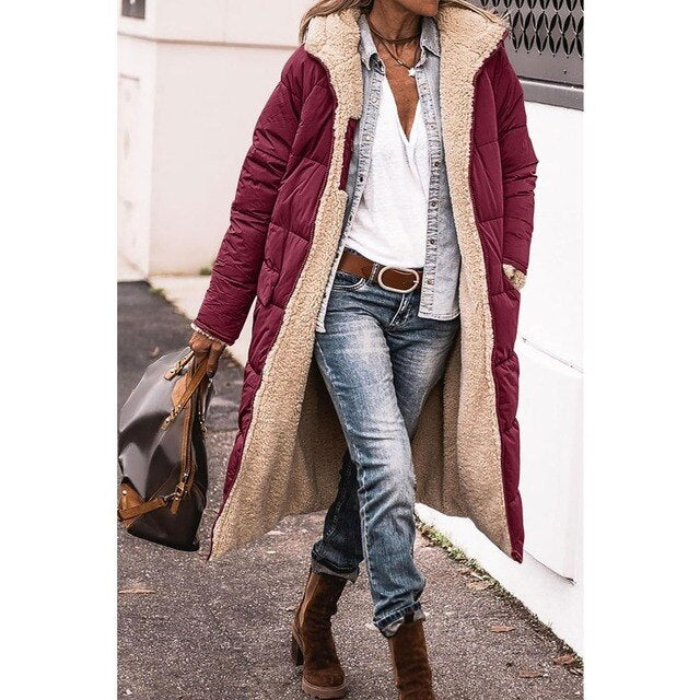 Bei | Cappotto reversibile in sherpa-fleece – lungo cappotto imbottito con cappuccio