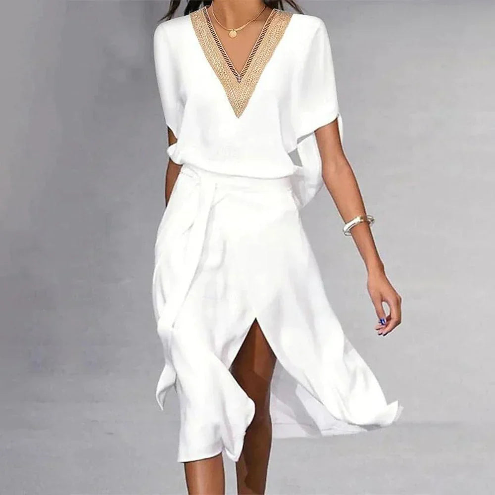 Abito midi da donna | Bianco con scollo a V | Elegante abito estivo per occasioni speciali