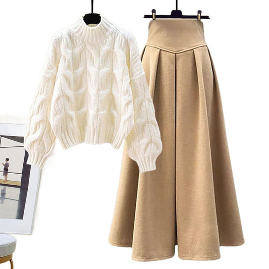 Warts | Set di maglione in maglia elegante per l'autunno e gonna plissettata per donne