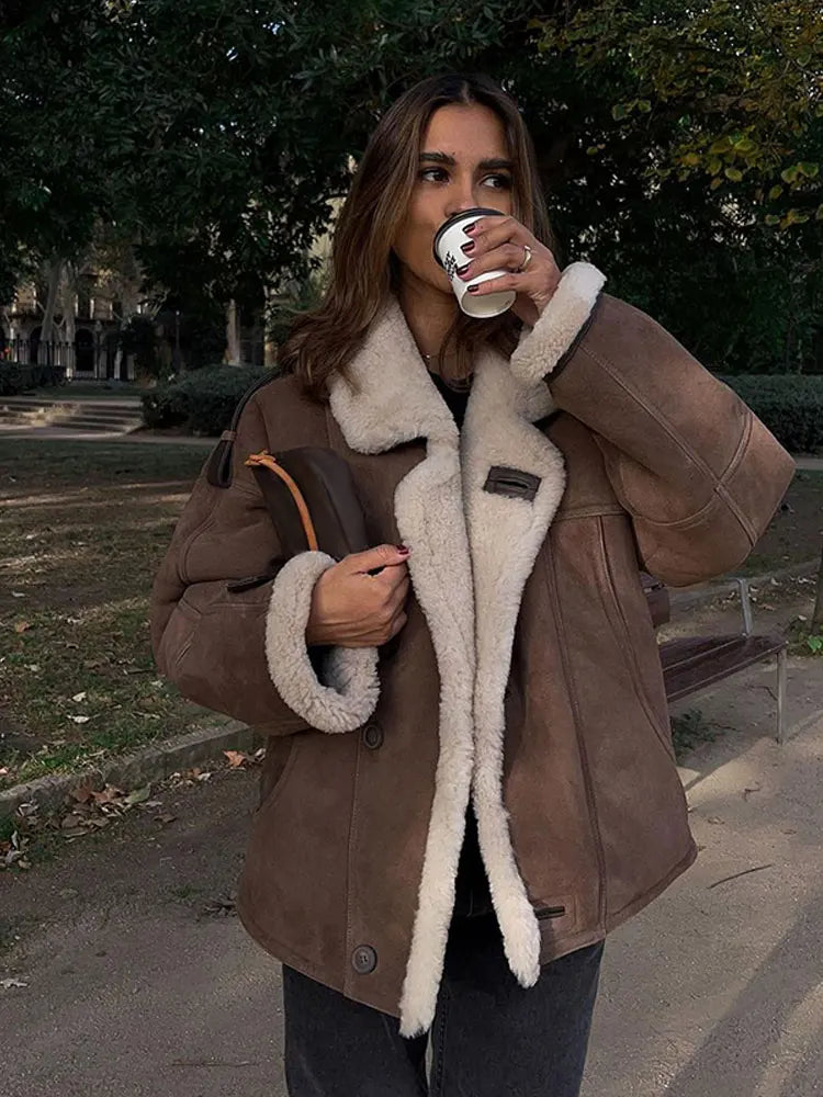 Kyliee | Giacca spessa da donna in lana d'agnello e pelle