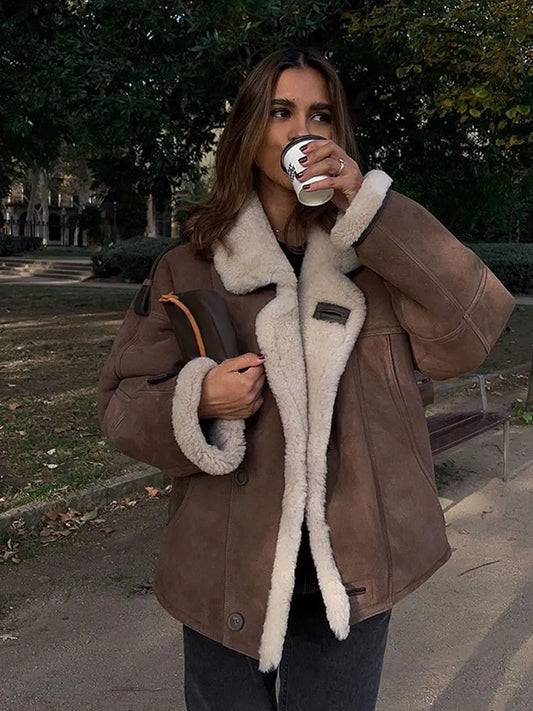 Kyliee | Giacca spessa da donna in lana d'agnello e pelle