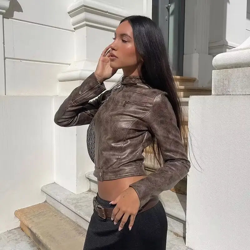 Eglie | Giacca in pelle per donne in stile Hot Girl americano con colletto alto