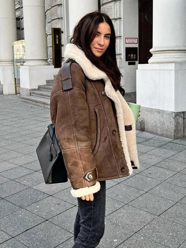 Kyliee | Giacca spessa da donna in lana d'agnello e pelle
