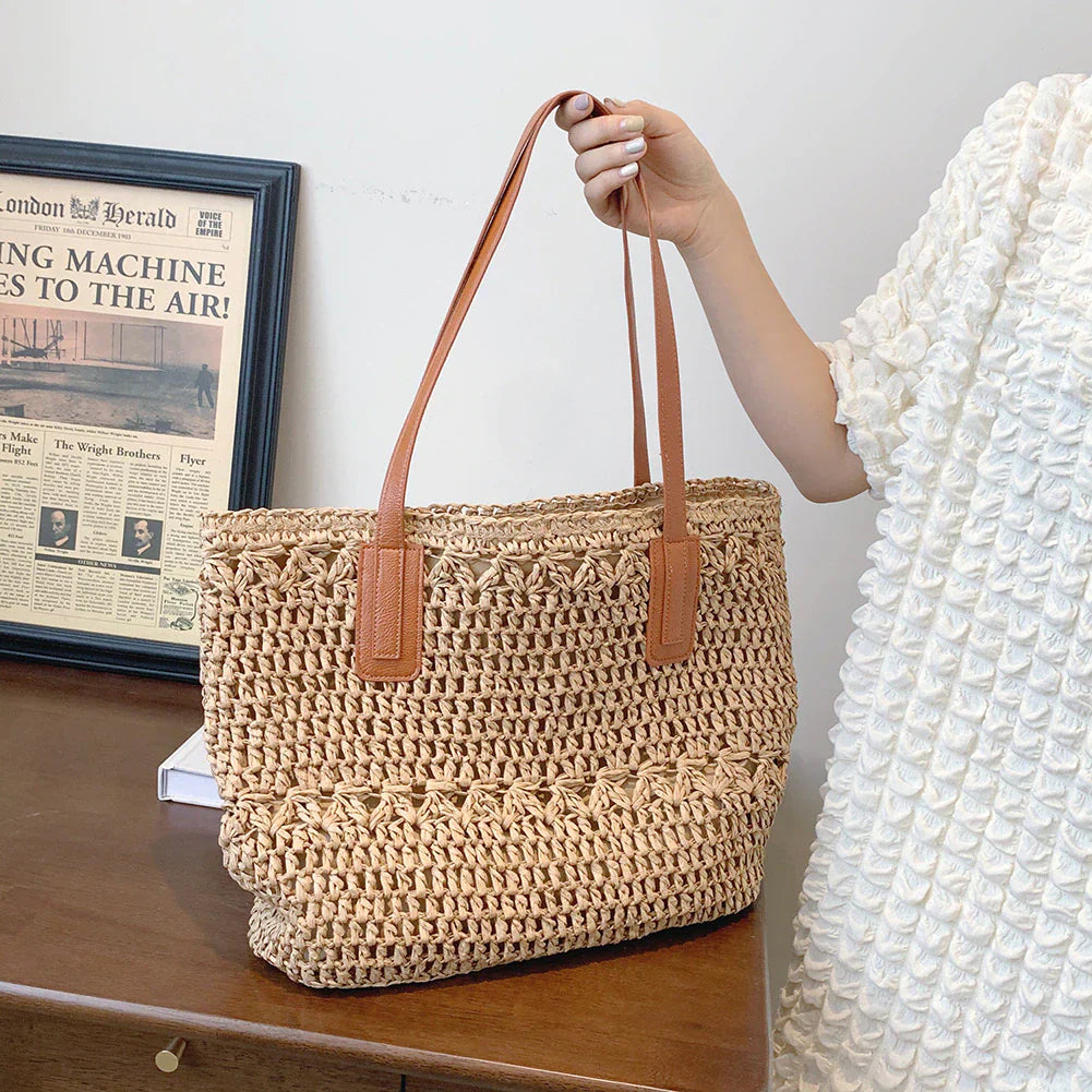 Genevieve - Elegante borsa di paglia con manici in pelle
