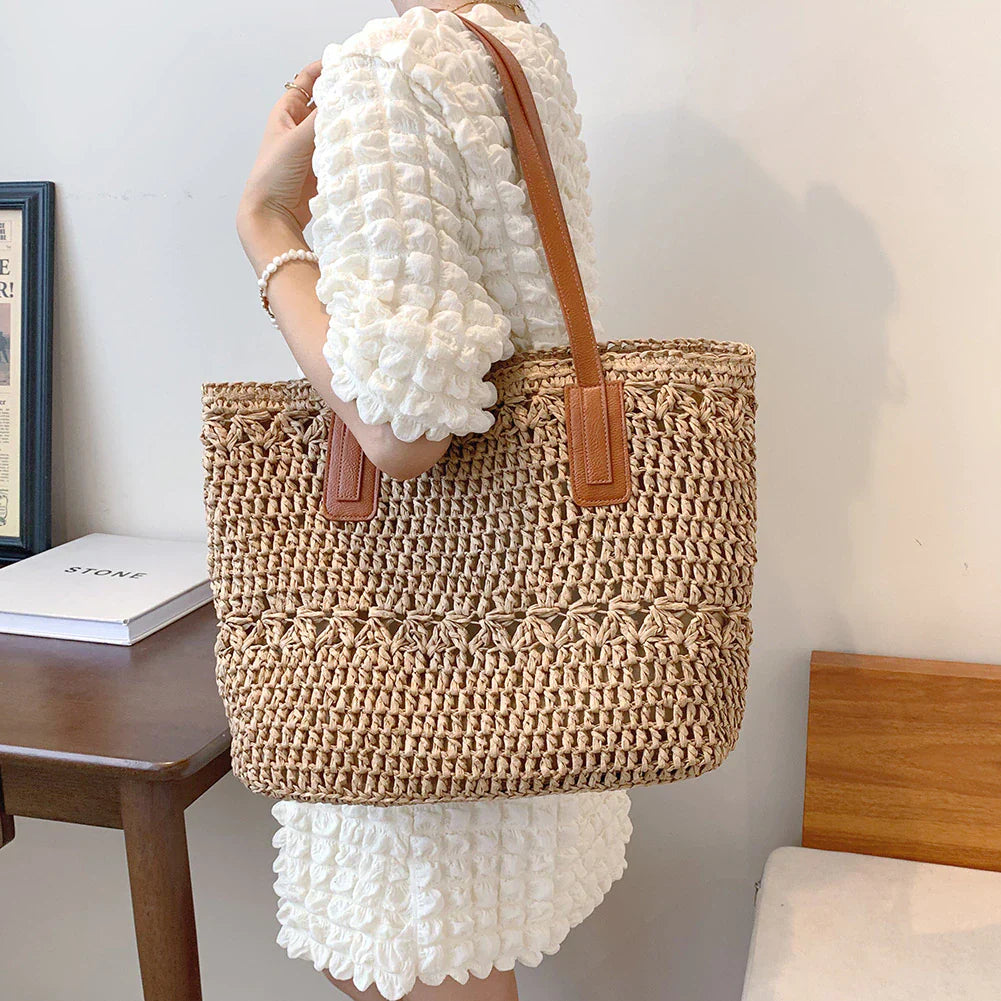 Genevieve - Elegante borsa di paglia con manici in pelle
