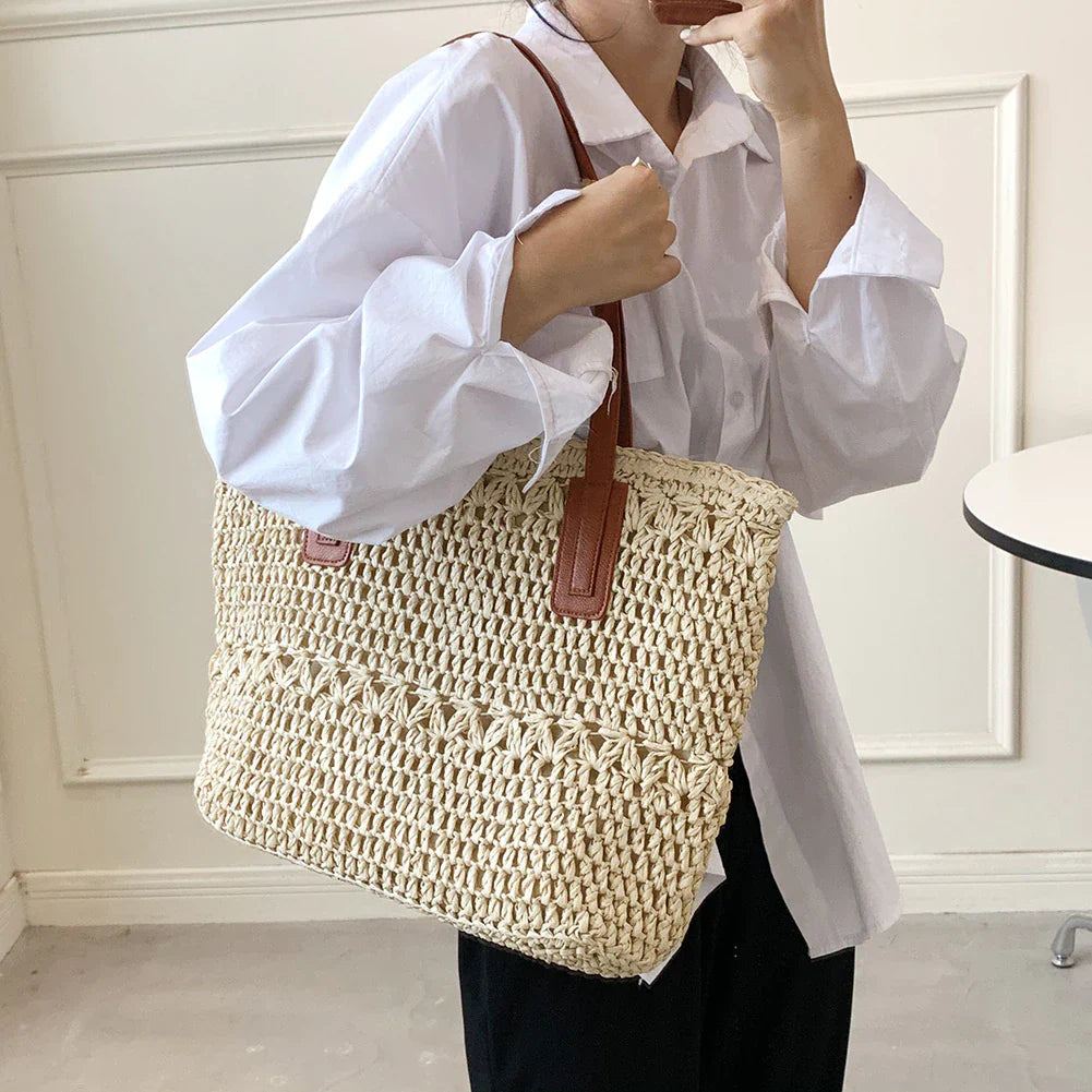 Genevieve - Elegante borsa di paglia con manici in pelle