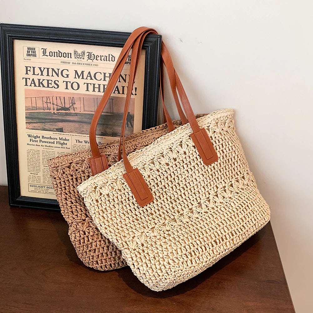 Genevieve - Elegante borsa di paglia con manici in pelle
