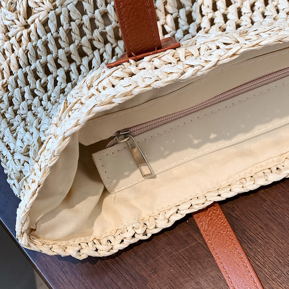 Genevieve - Elegante borsa di paglia con manici in pelle