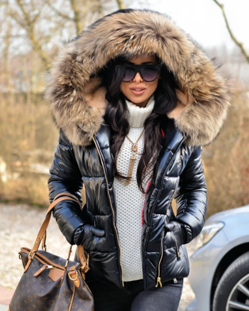 Giacca invernale da donna | Design puffer | Calda imbottita con cappuccio in pelliccia sintetica