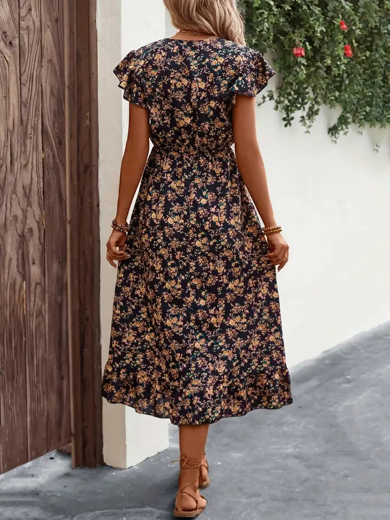 Marie - Abito elegante a V con motivo floreale e maniche a sbuffo