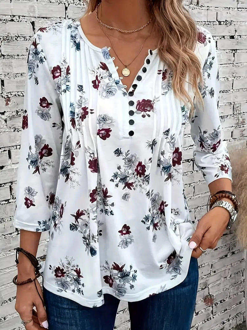 Saskia - T-shirt floreale con scollo a V e maniche arricciate