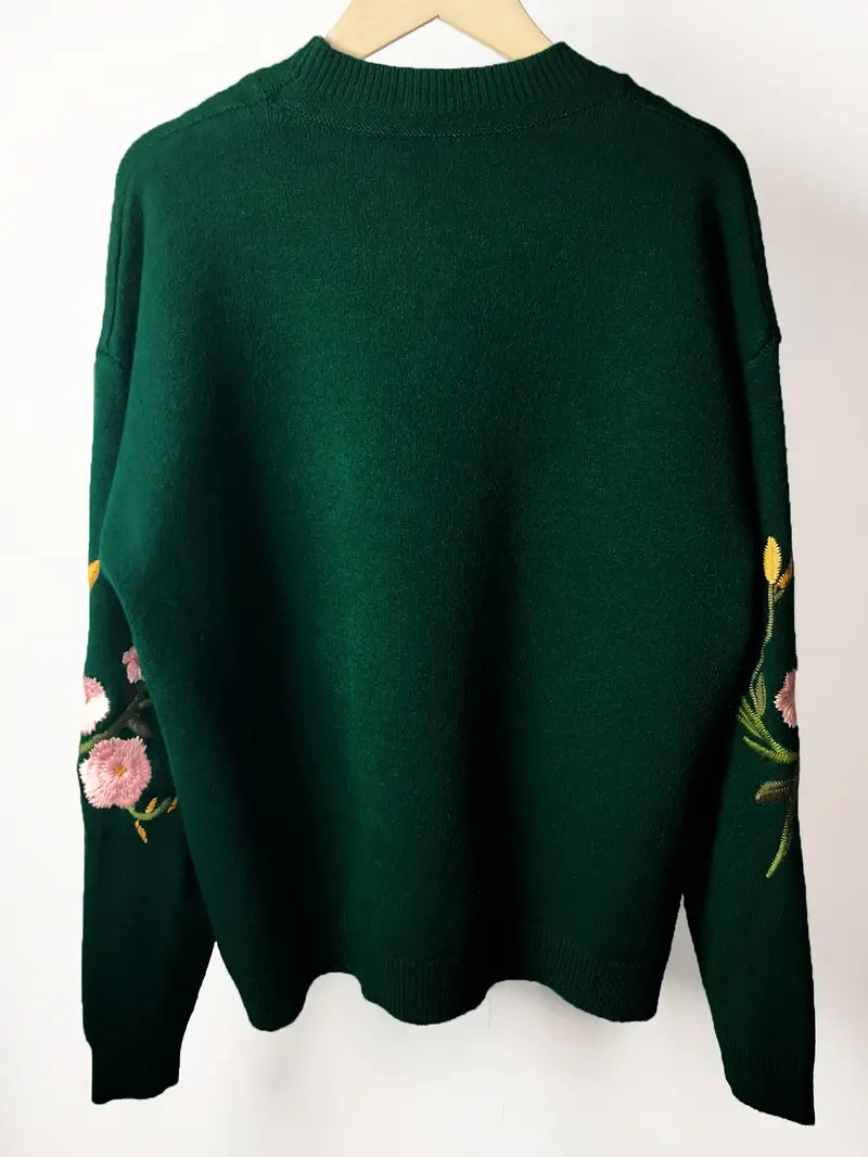 Greni | Comodo maglione a girocollo con ricamo floreale e motivo a maglia