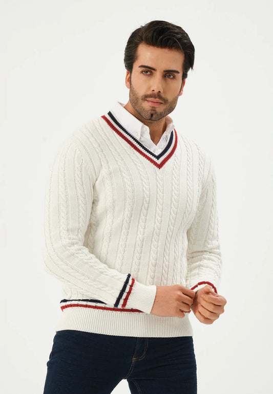 Kace | Maglione a righe bianco con scollatura a V lavorato a maglia