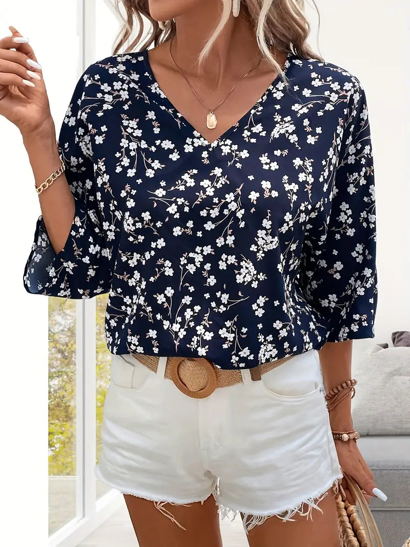 Billa - Blusa vintage con stampa floreale e scollo a V