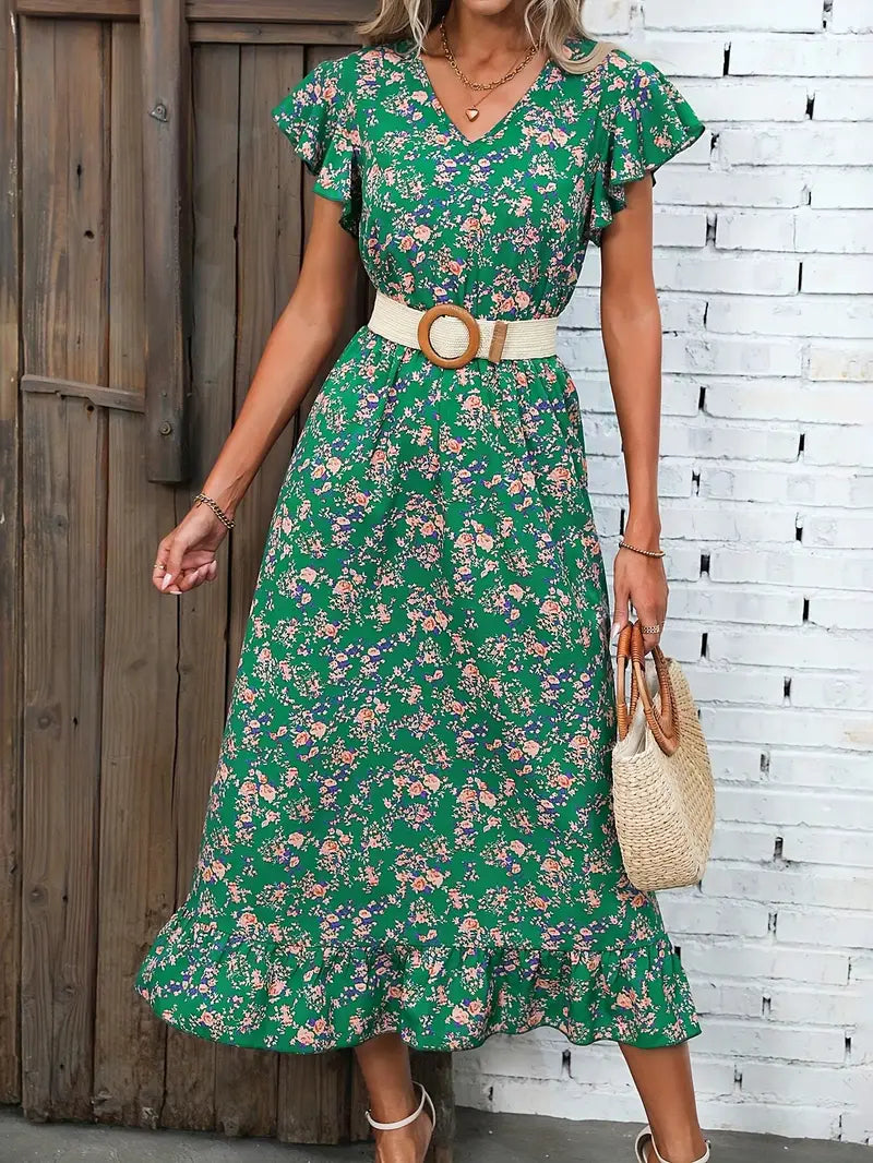 Marie - Abito elegante a V con motivo floreale e maniche a sbuffo