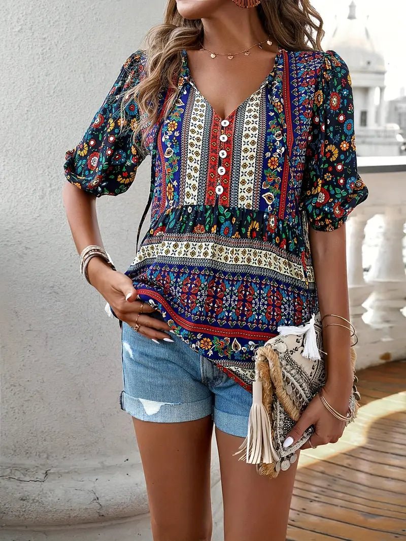 Flynn - Blusa comoda con stampa floreale etnica e scollo a V
